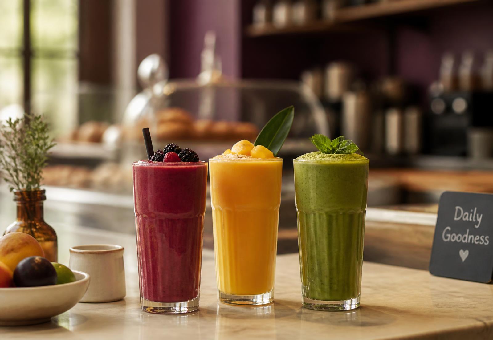 Berry, mango and matcha smoothies on a café counter